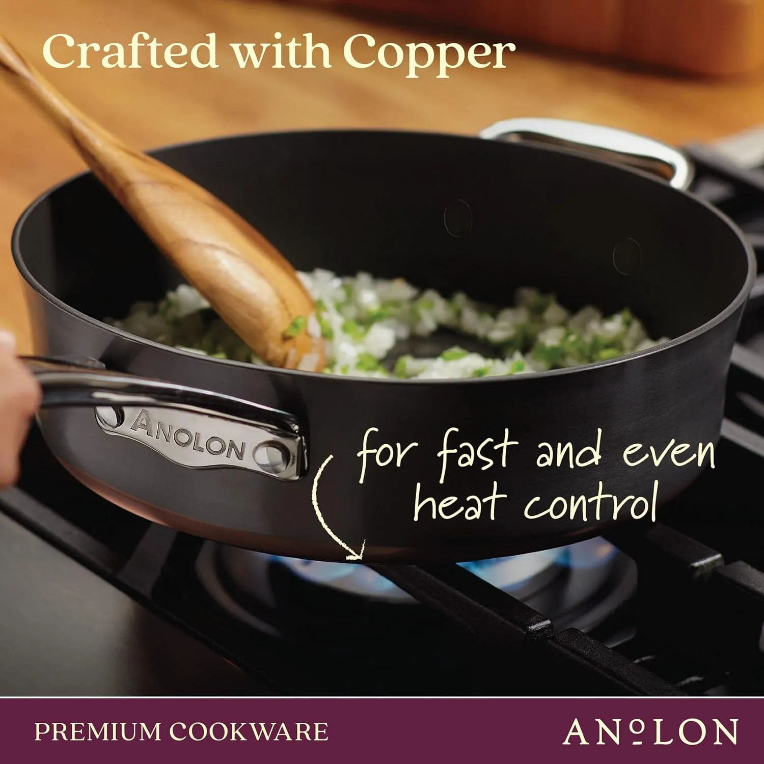 Anolon Nouvelle Copper Luxe Hard-Anodized Nonstick Straining Saucepan, 3.5-Quart, Onyx