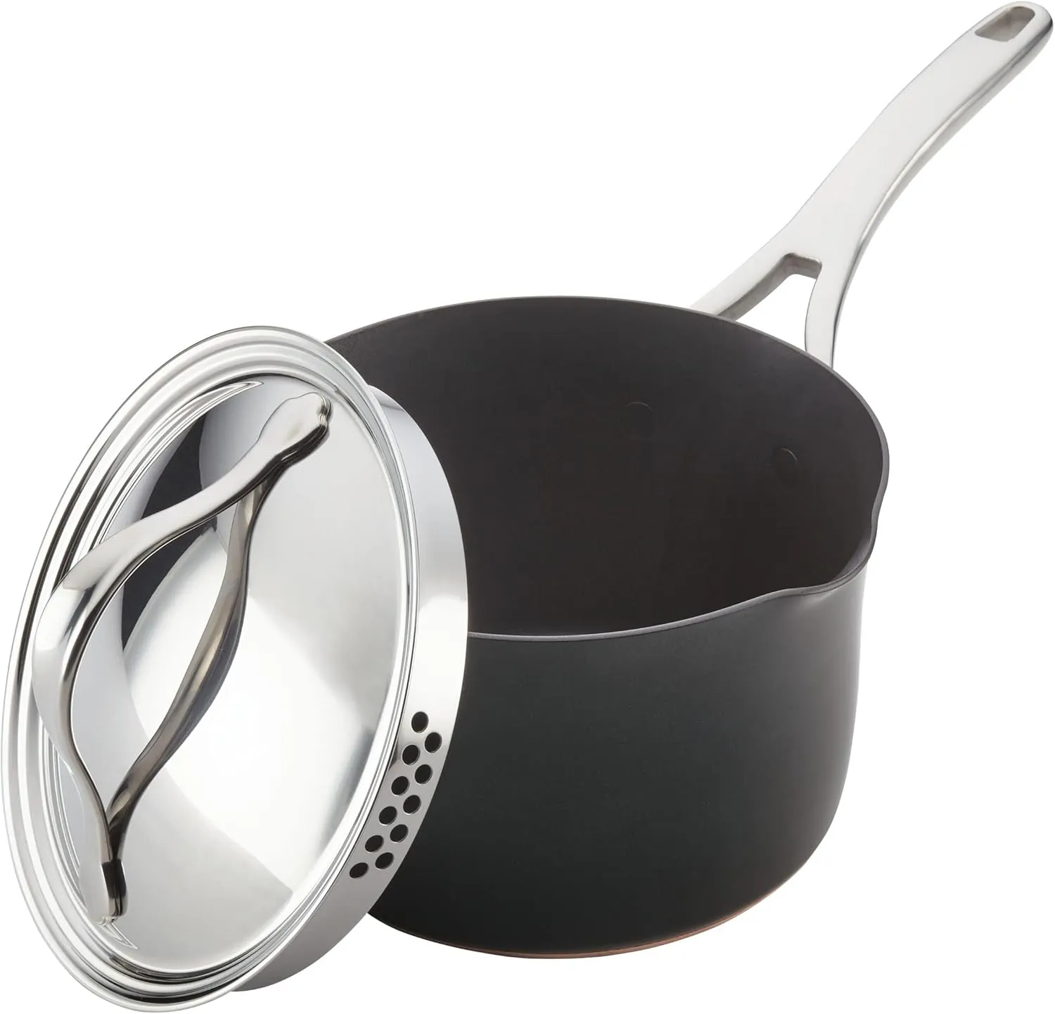 Anolon Nouvelle Copper Luxe Hard-Anodized Nonstick Straining Saucepan, 3.5-Quart, Onyx