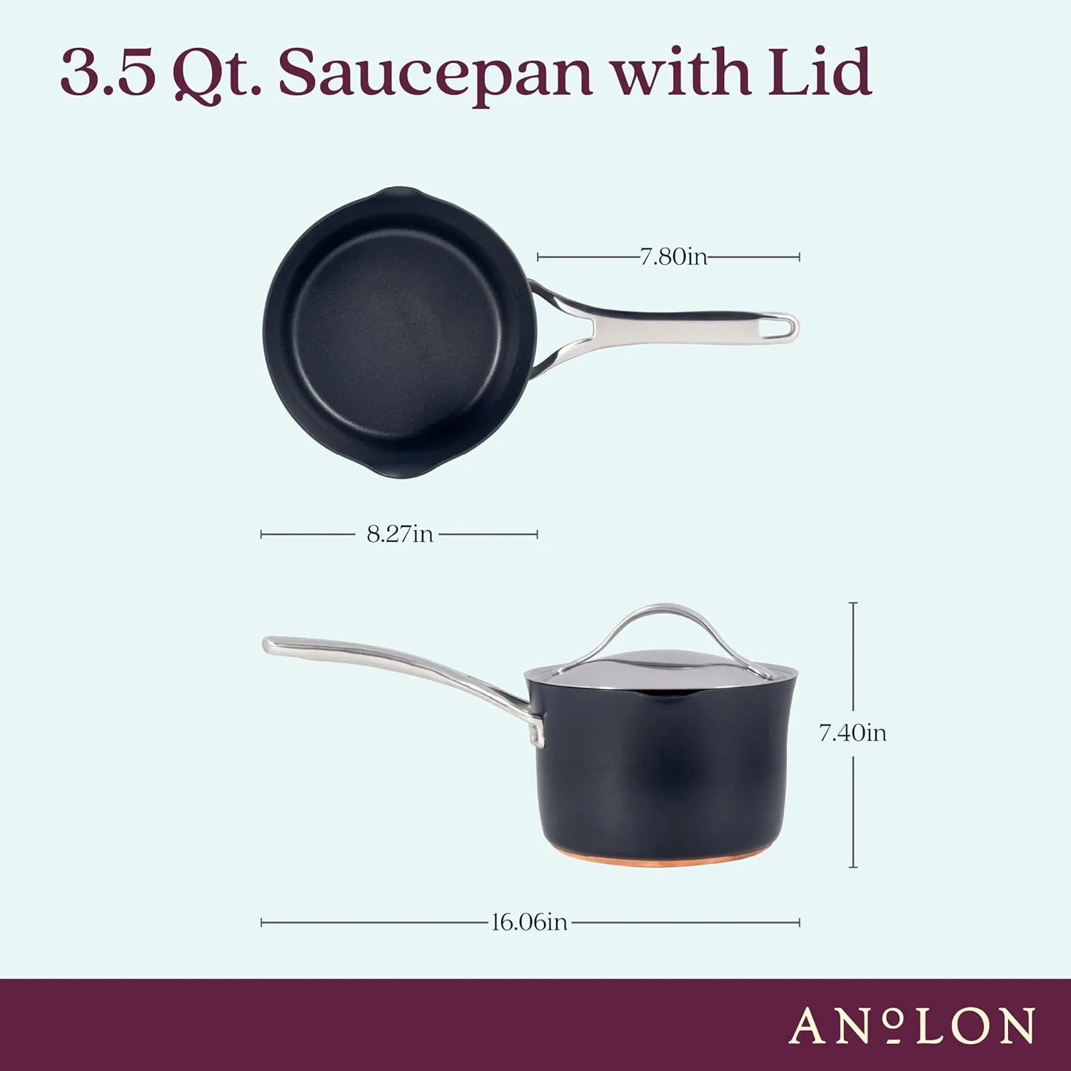 Anolon Nouvelle Copper Luxe Hard-Anodized Nonstick Straining Saucepan, 3.5-Quart, Onyx