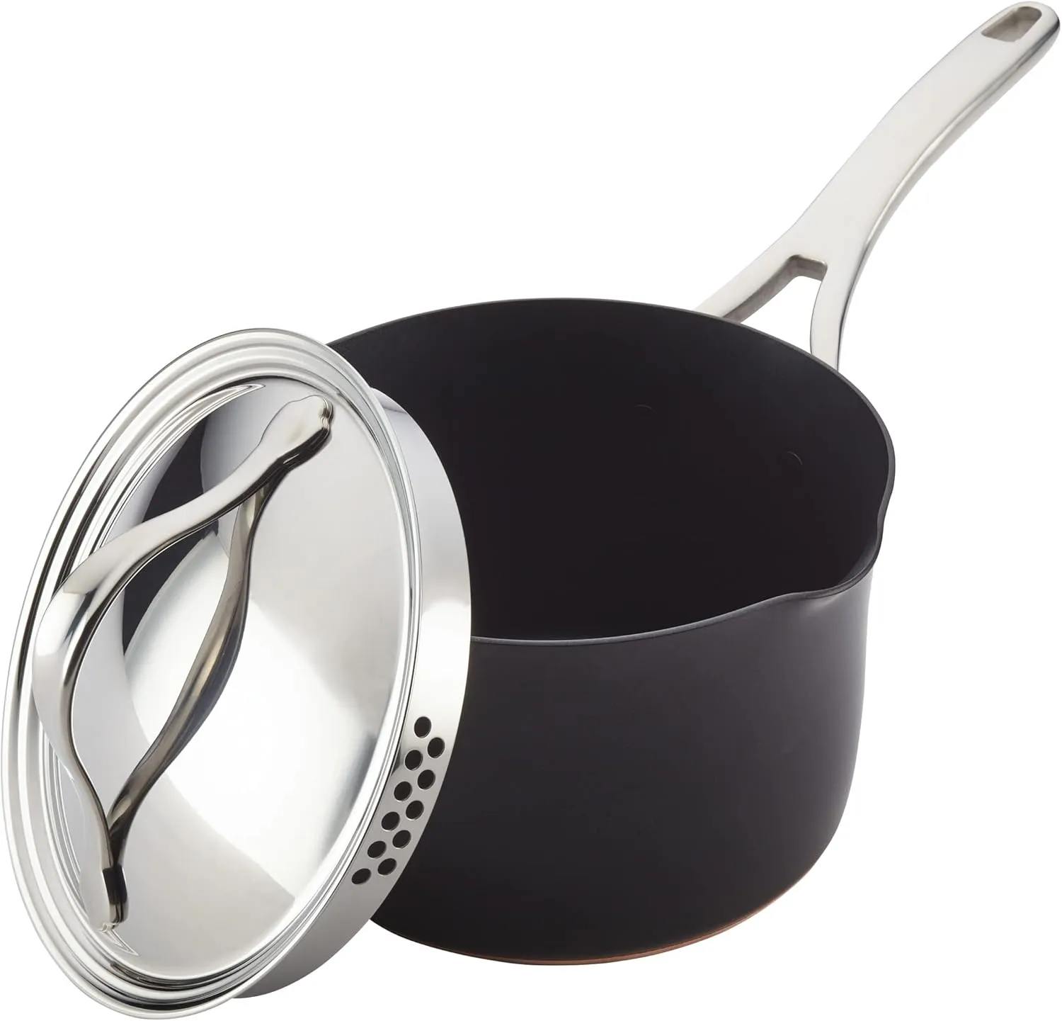 Anolon Nouvelle Copper Luxe Hard-Anodized Nonstick Straining Saucepan, 3.5-Quart, Onyx