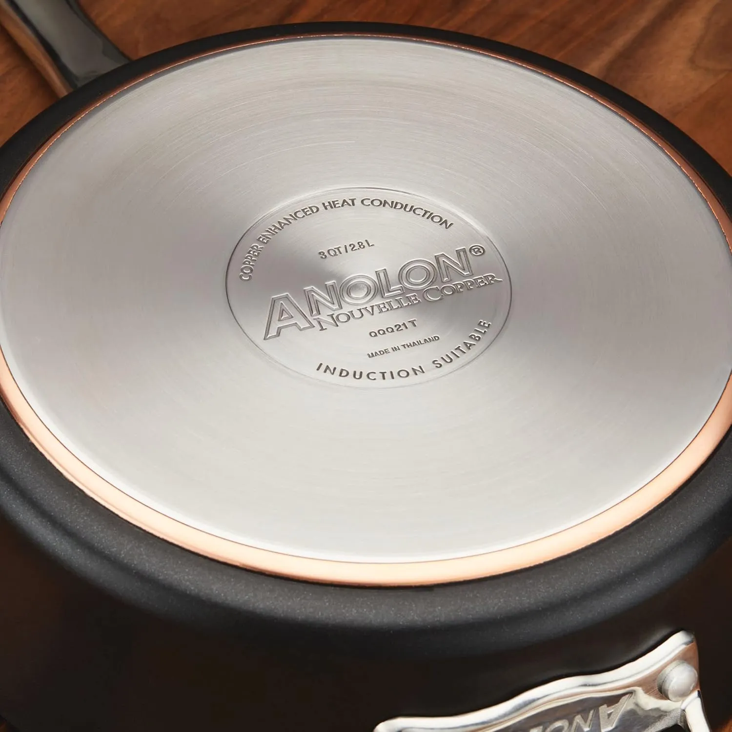 Anolon Nouvelle Copper Luxe Hard-Anodized Nonstick Straining Saucepan, 3.5-Quart, Onyx