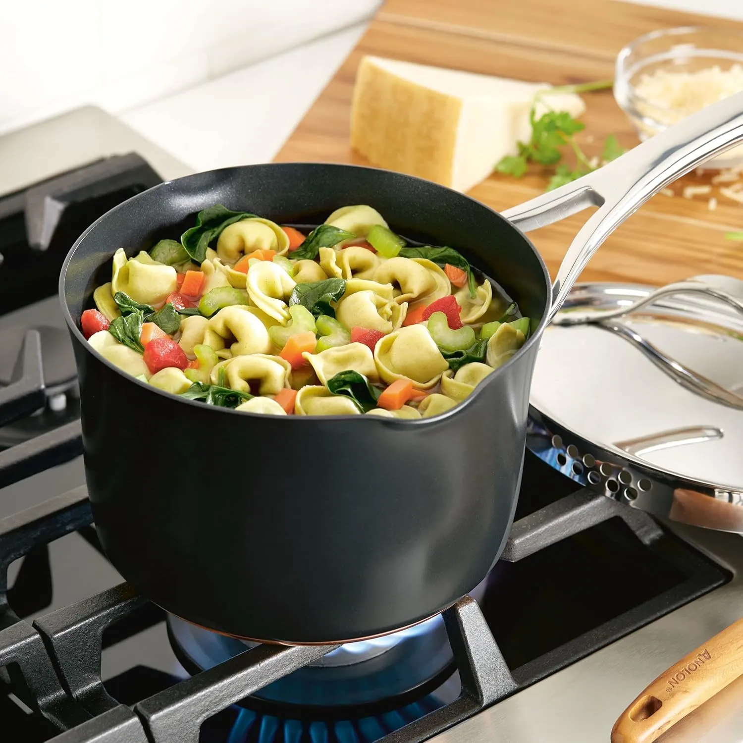 Anolon Nouvelle Copper Luxe Hard-Anodized Nonstick Straining Saucepan, 3.5-Quart, Onyx