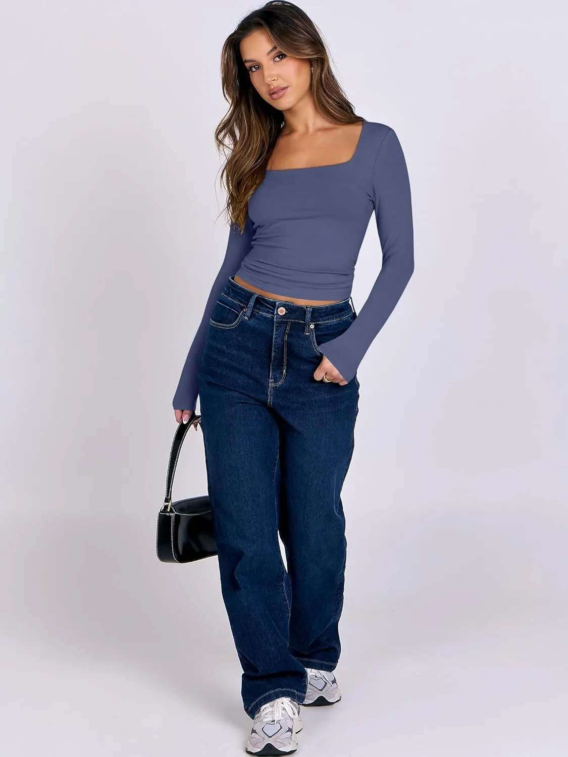 ANRABESS Women Double Lined Long Sleeve Crop Tops Shirts Square Neck Tight Fitted Going Out T-Shirt Basic Tee Outfits 2025
