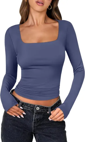ANRABESS Women Double Lined Long Sleeve Crop Tops Shirts Square Neck Tight Fitted Going Out T-Shirt Basic Tee Outfits 2025