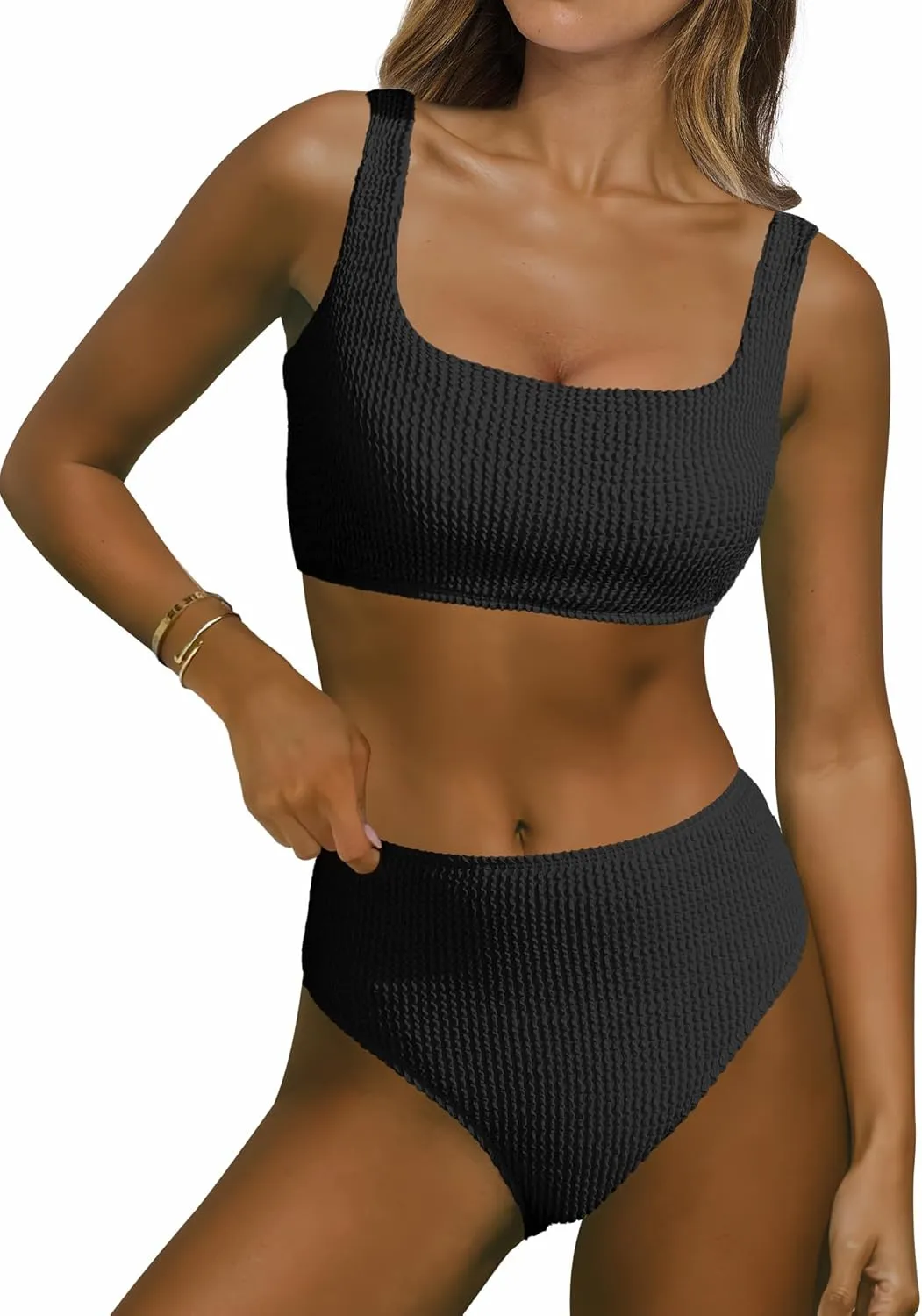 ANRABESS Women Swimsuits Two Piece Bikini Set High Waisted Ribbed Tummy Control Modest Bathing Suits 2025 Beach Swim Wear