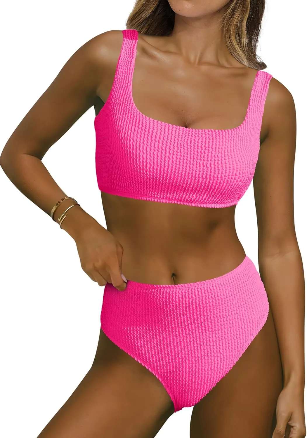 ANRABESS Women Swimsuits Two Piece Bikini Set High Waisted Ribbed Tummy Control Modest Bathing Suits 2025 Beach Swim Wear