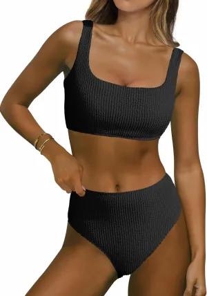 ANRABESS Women Swimsuits Two Piece Bikini Set High Waisted Ribbed Tummy Control Modest Bathing Suits 2025 Beach Swim Wear