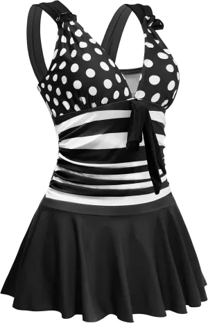 AONTUS Plus Size Contrast Color Swimsuits Tummy Control Boy Shorts for Women with Quick-Dry V-Neck