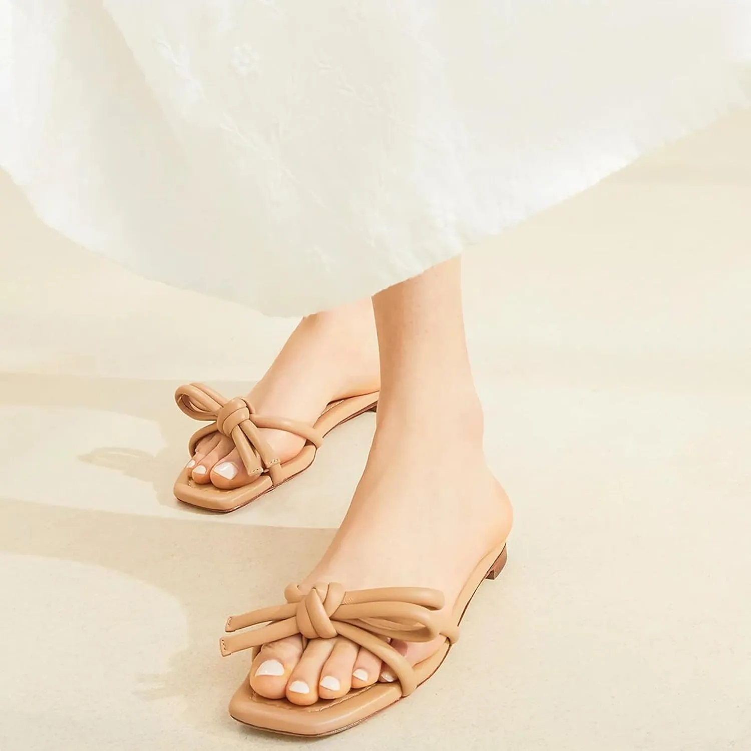 Arqa Women's Flat Slide Sandals with Knotted Bow Soft Leather Slip On Flat Sandals Square Open Toe Slide for Wedding Dressy Party Daily Wear