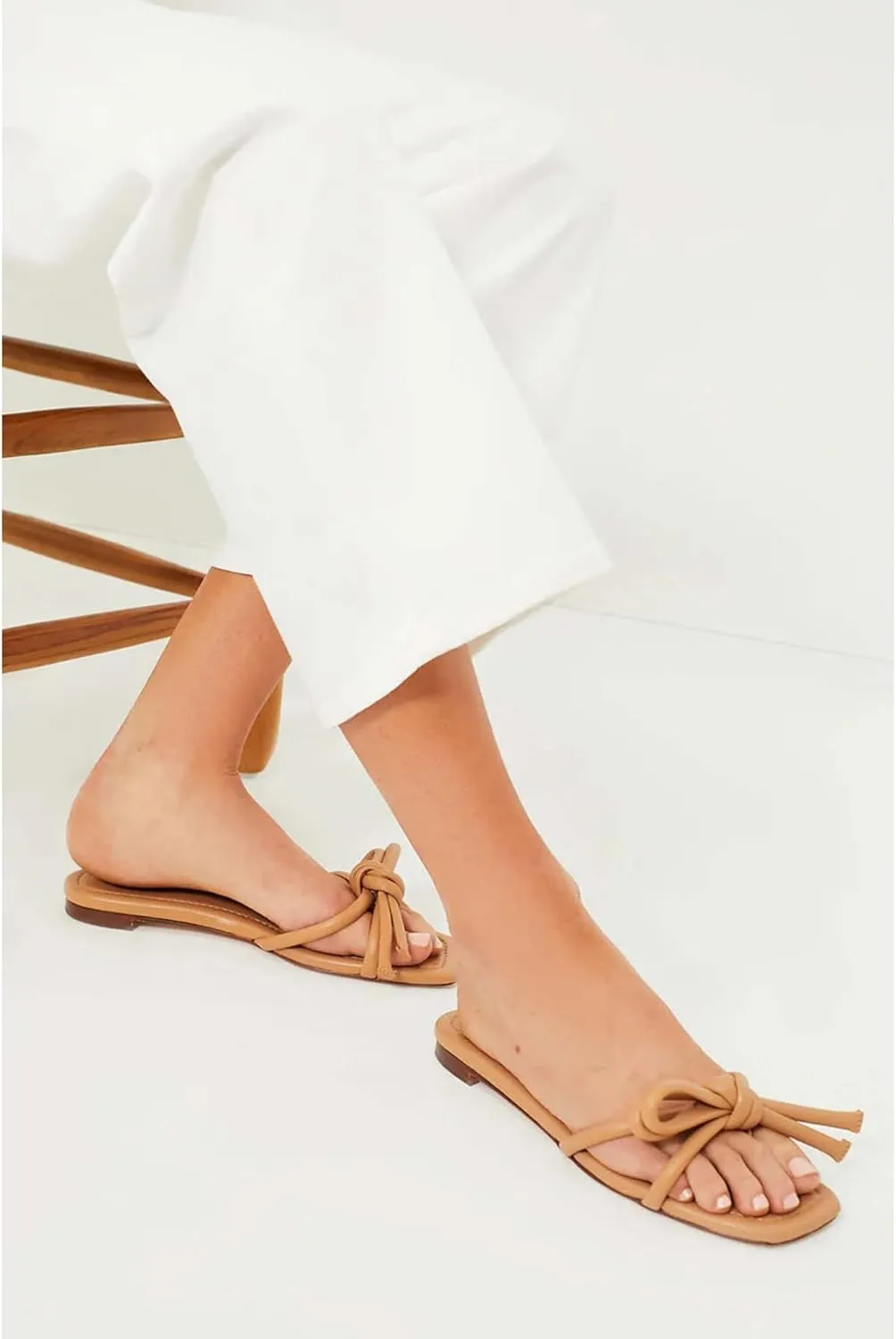 Arqa Women's Flat Slide Sandals with Knotted Bow Soft Leather Slip On Flat Sandals Square Open Toe Slide for Wedding Dressy Party Daily Wear