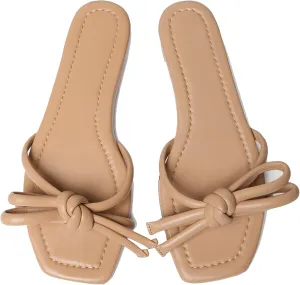 Arqa Women's Flat Slide Sandals with Knotted Bow Soft Leather Slip On Flat Sandals Square Open Toe Slide for Wedding Dressy Party Daily Wear