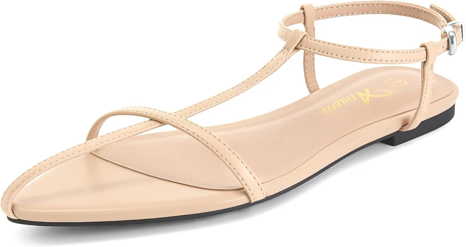 Athlefit Flat Sandals for Women Comfortable Buckle Strappy Sandals Pointed Open Toe Ankle Strap Sandals