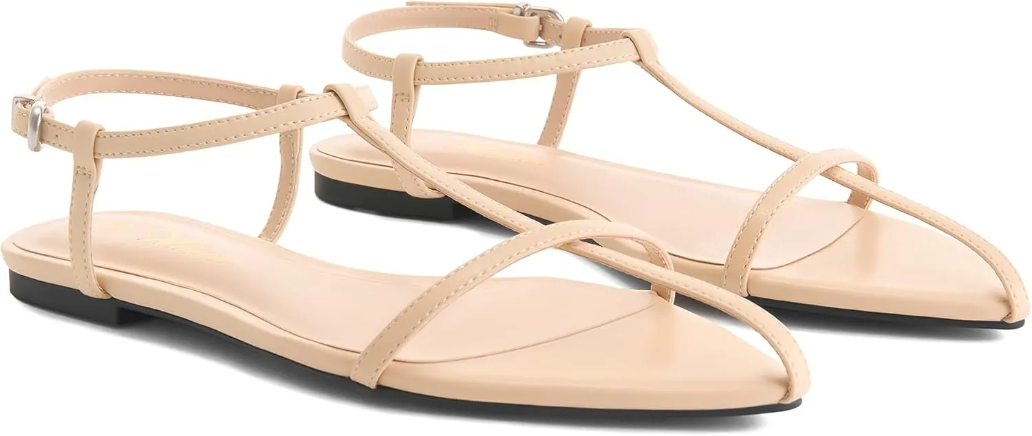 Athlefit Flat Sandals for Women Comfortable Buckle Strappy Sandals Pointed Open Toe Ankle Strap Sandals