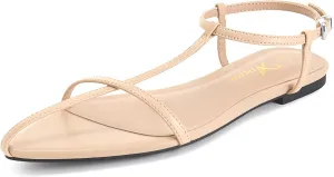Athlefit Flat Sandals for Women Comfortable Buckle Strappy Sandals Pointed Open Toe Ankle Strap Sandals
