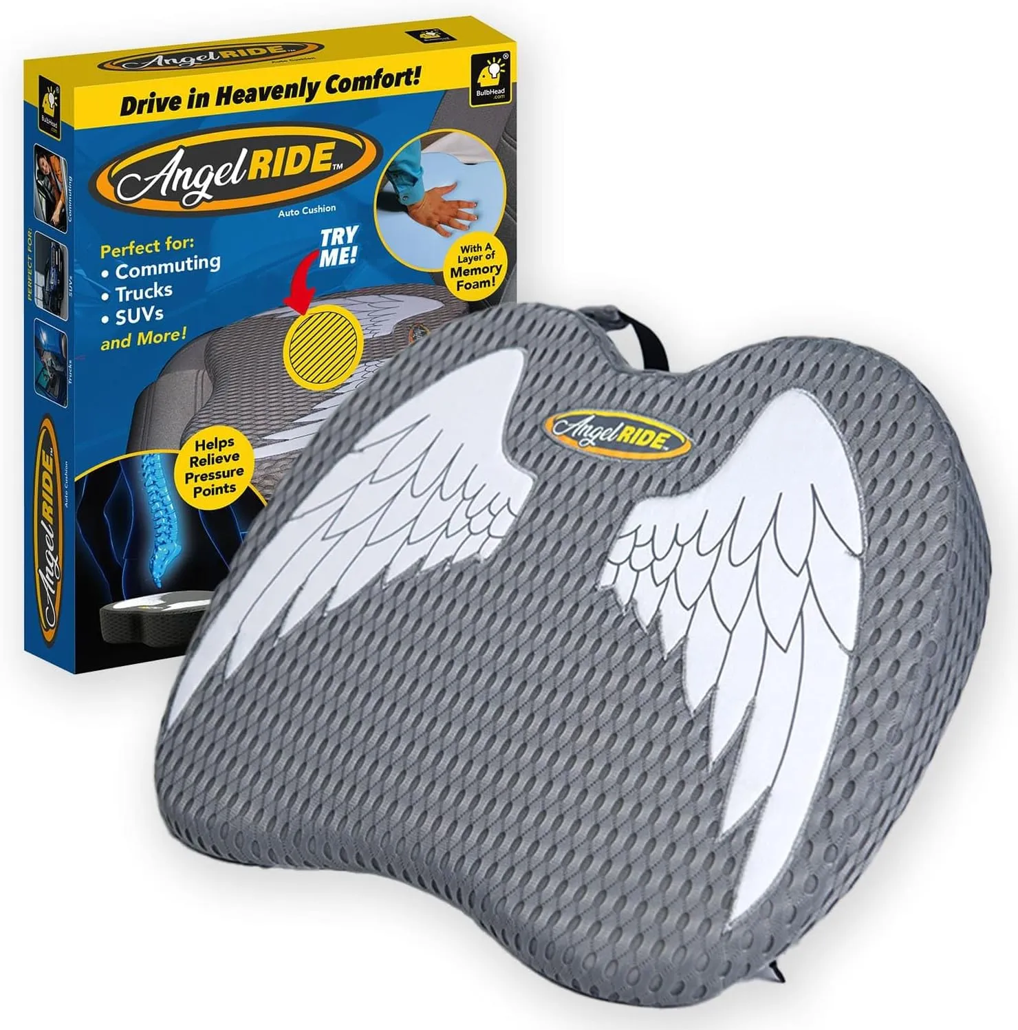 Auto Cushion with Memory Foam, AS-SEEN-ON-TV, Advanced Lumbar Helps Relieve Pressure Points, Molds to Any Body, Drive in Heavenly Comfort in Any Vehicle, Breathable, Washable Cover