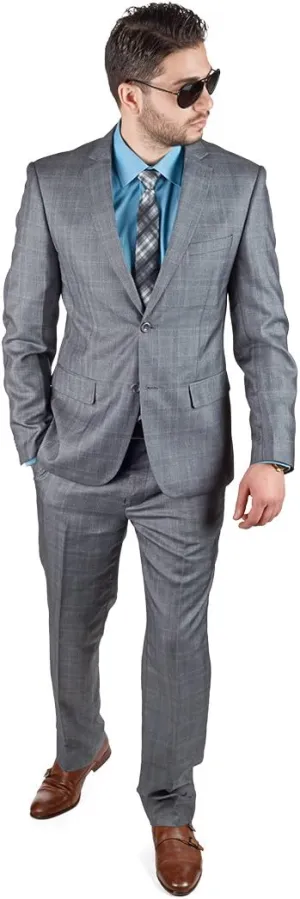 AZAR MAN Slim Fit Men Suit 2 Button Plaid Grey Notch Lapel Flat Front Pants