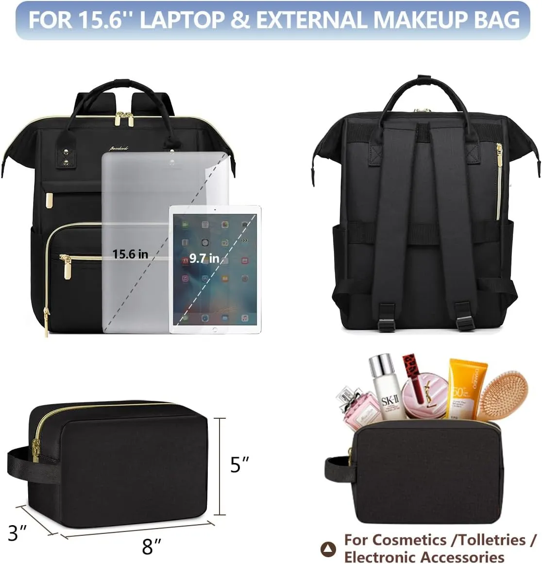 Backpack for Women 15.6 Inch Laptop Backpack Work Business Backpacks Purse Waterproof Computer College Backpacks Nurse Bag Backbag 2 Sets Casual Daypack for Travel Black