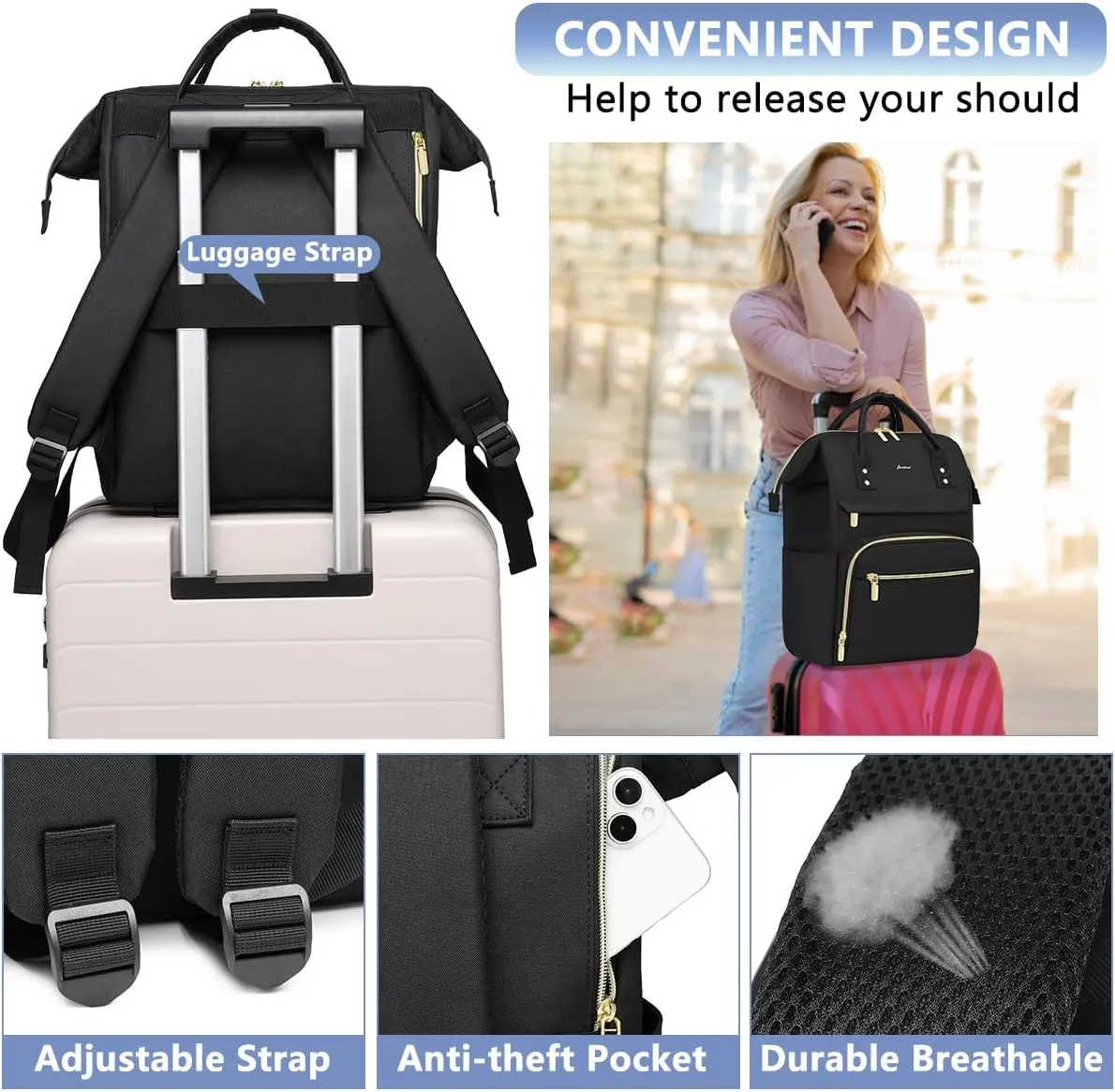 Backpack for Women 15.6 Inch Laptop Backpack Work Business Backpacks Purse Waterproof Computer College Backpacks Nurse Bag Backbag 2 Sets Casual Daypack for Travel Black