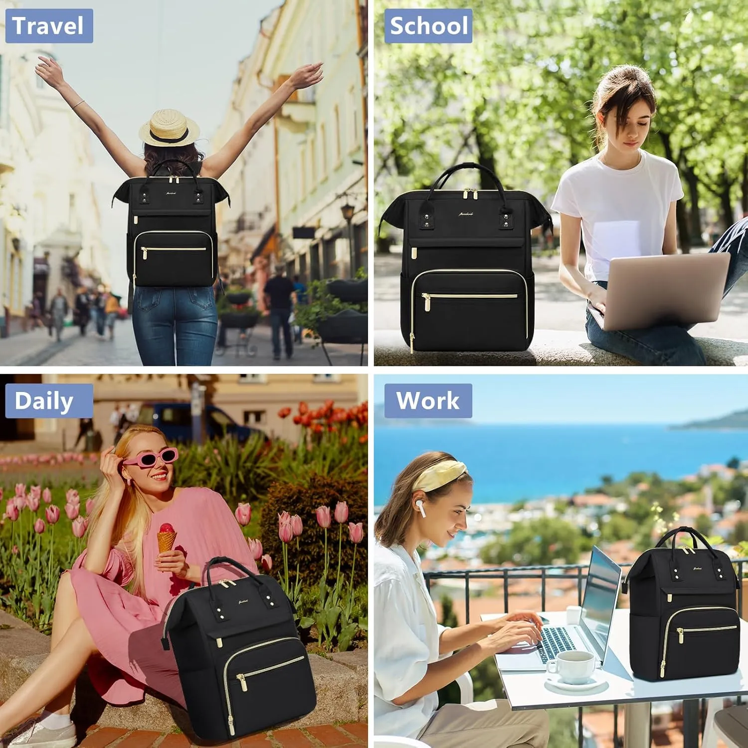 Backpack for Women 15.6 Inch Laptop Backpack Work Business Backpacks Purse Waterproof Computer College Backpacks Nurse Bag Backbag 2 Sets Casual Daypack for Travel Black