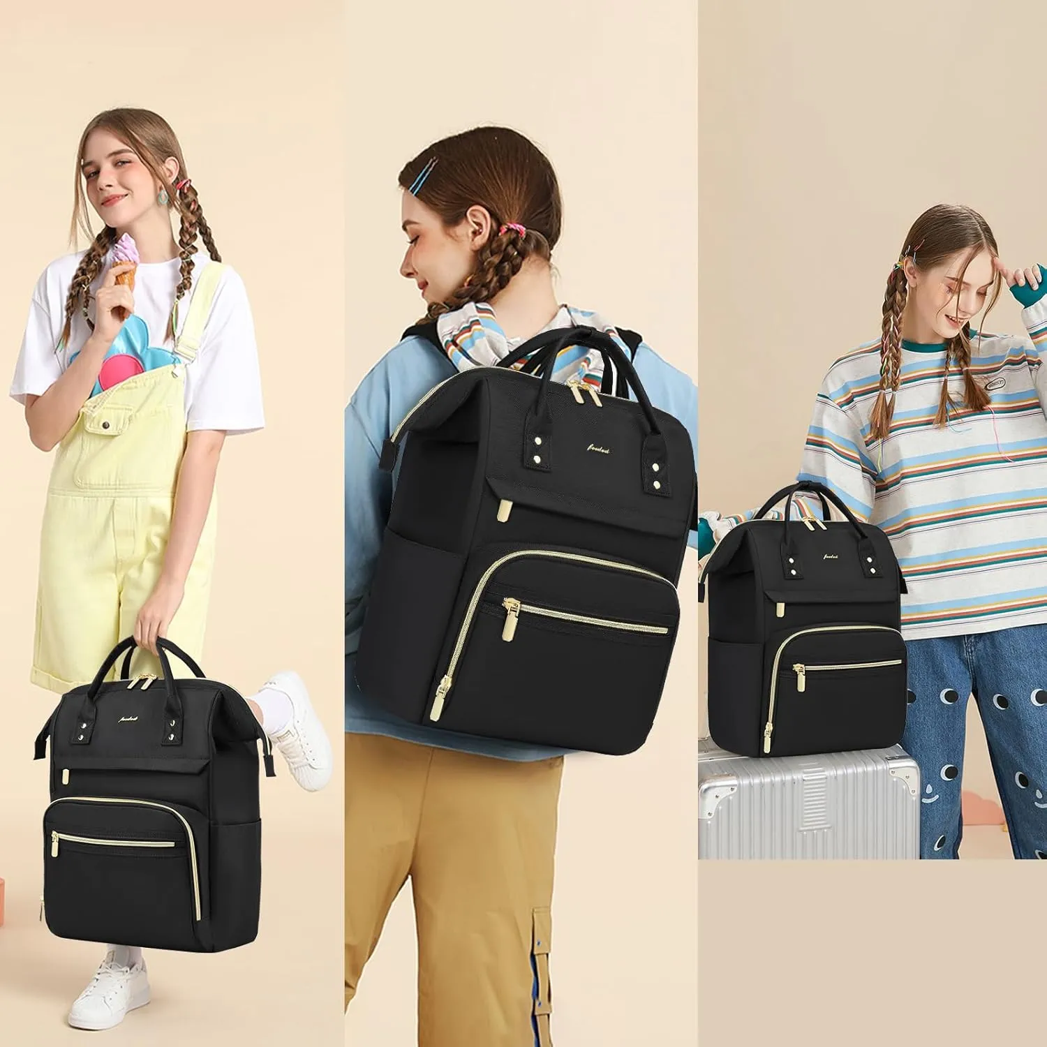 Backpack for Women 15.6 Inch Laptop Backpack Work Business Backpacks Purse Waterproof Computer College Backpacks Nurse Bag Backbag 2 Sets Casual Daypack for Travel Black