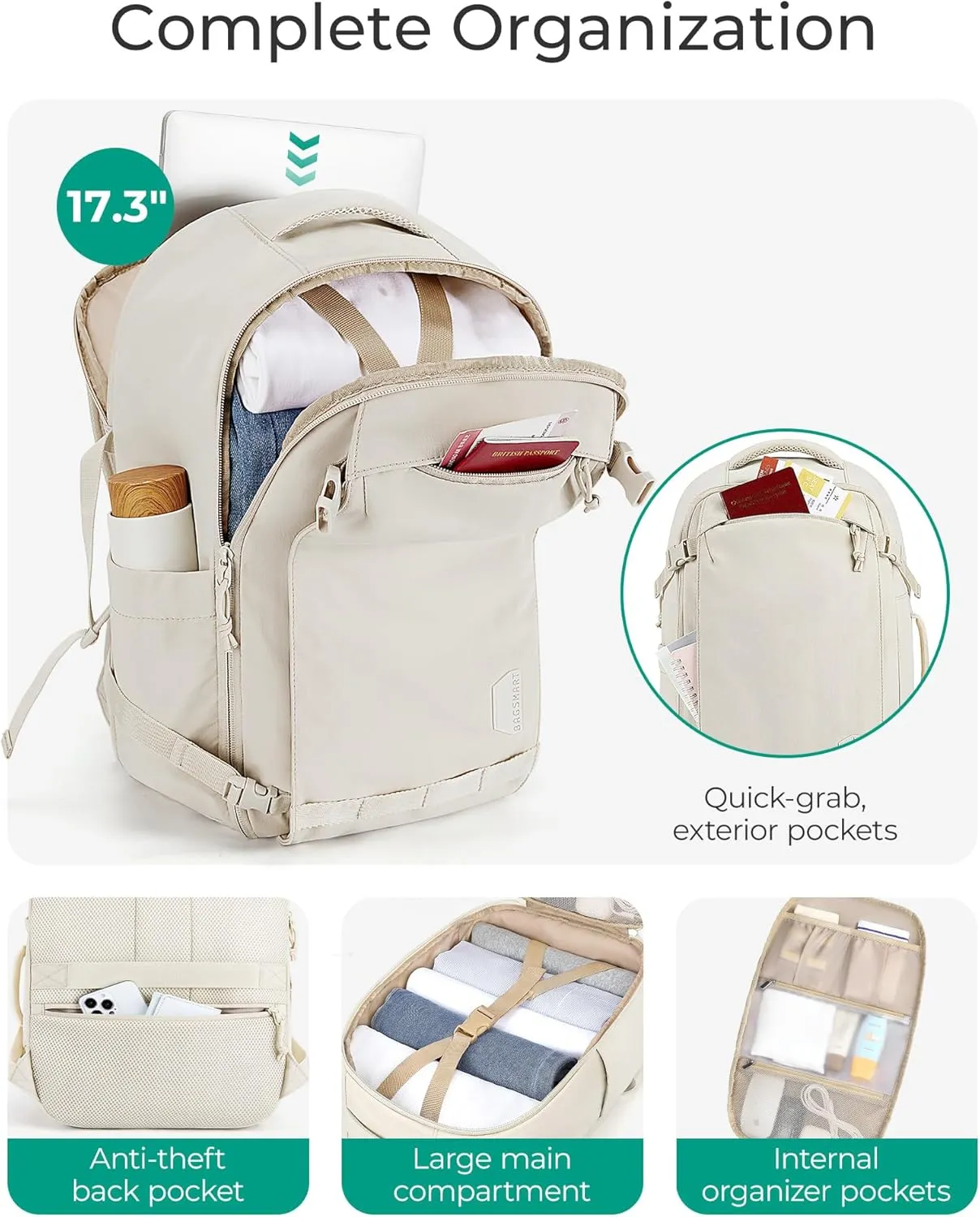 BAGSMART Travel Backpack for Women, 30L Travel Backpack Carry On Flight Approved, TSA Approved Personal Item Travel Bag, Water Resistant Weekender Bag Luggage Daypack, Camel