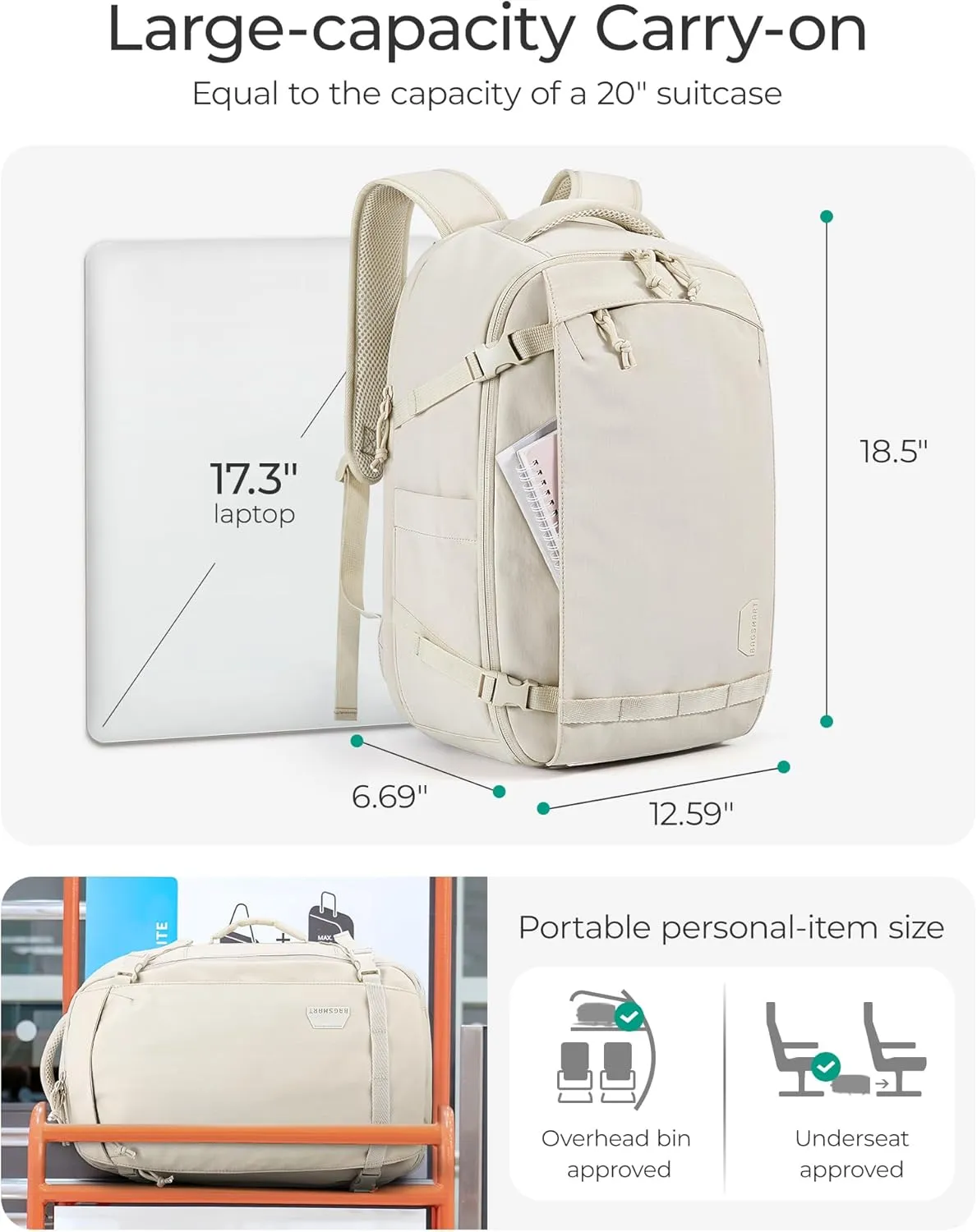 BAGSMART Travel Backpack for Women, 30L Travel Backpack Carry On Flight Approved, TSA Approved Personal Item Travel Bag, Water Resistant Weekender Bag Luggage Daypack, Camel