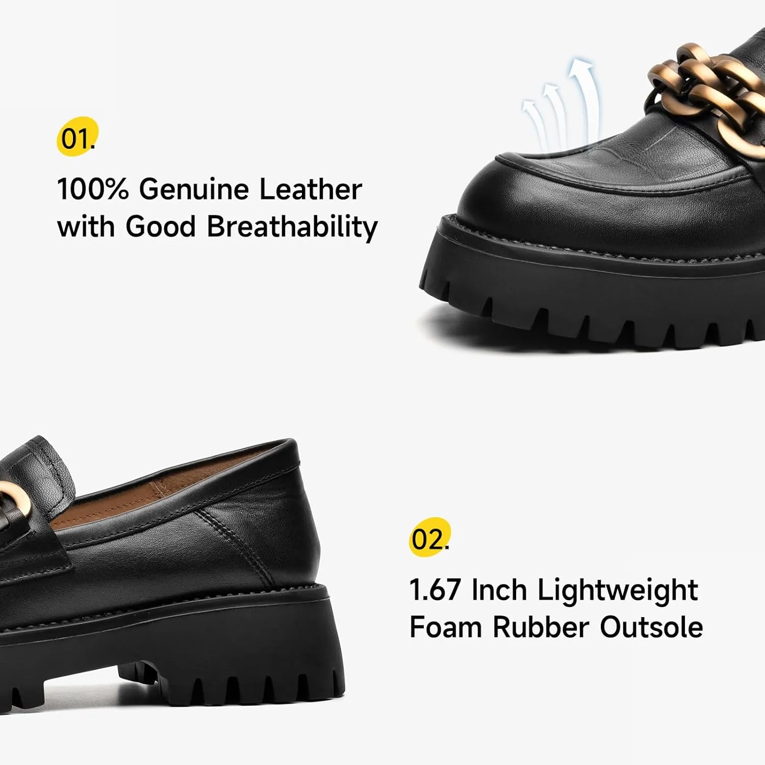 BEAU TODAY Chunky Loafers Women,Leather Platform Loafers for Women,Lug Sole Slip On Chain Shoes,Comfortable Work Office Business Casual Office Dress Shoes