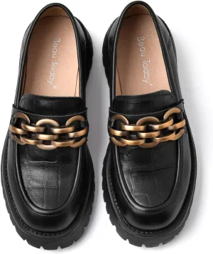 BEAU TODAY Chunky Loafers Women,Leather Platform Loafers for Women,Lug Sole Slip On Chain Shoes,Comfortable Work Office Business Casual Office Dress Shoes