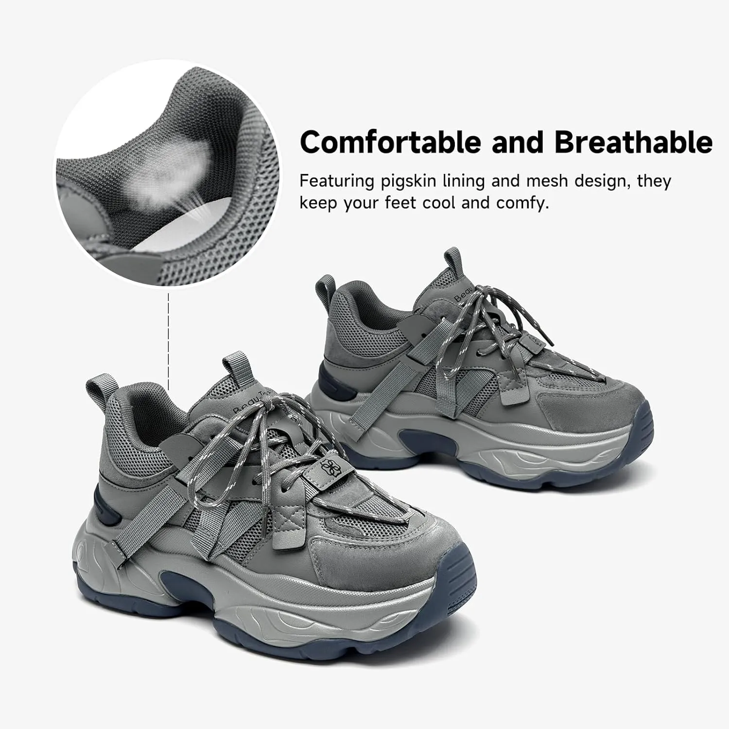BEAU TODAY Chunky Sneakers for Women Dad Sneakers for Women Platform Lace Up Fashion Comfortable Casual Sneakers for Walking