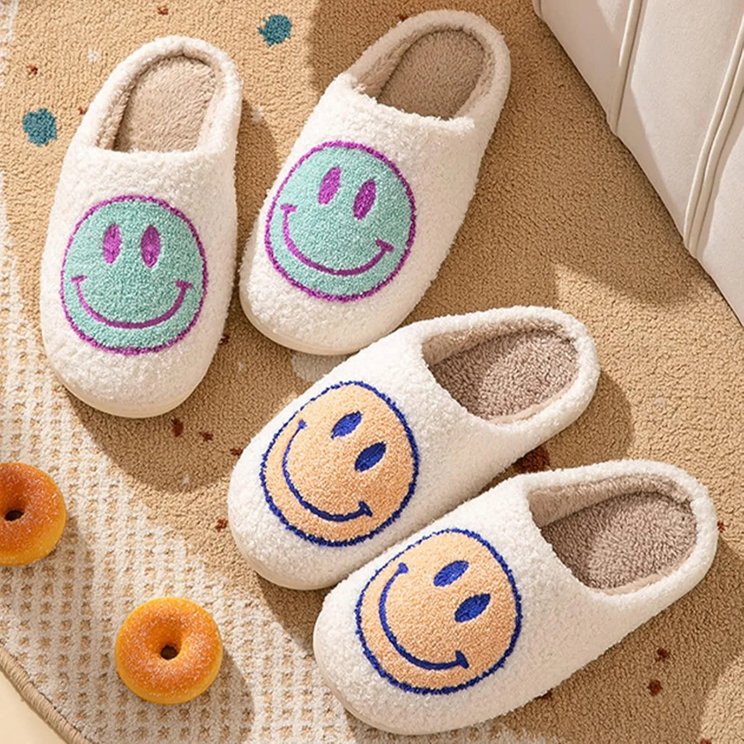 Beishani Smile Face Slippers for Women Happy face slippers Retro Soft Plush Warm Slip-on Slippers Cozy Indoor Outdoor Womens Slippers