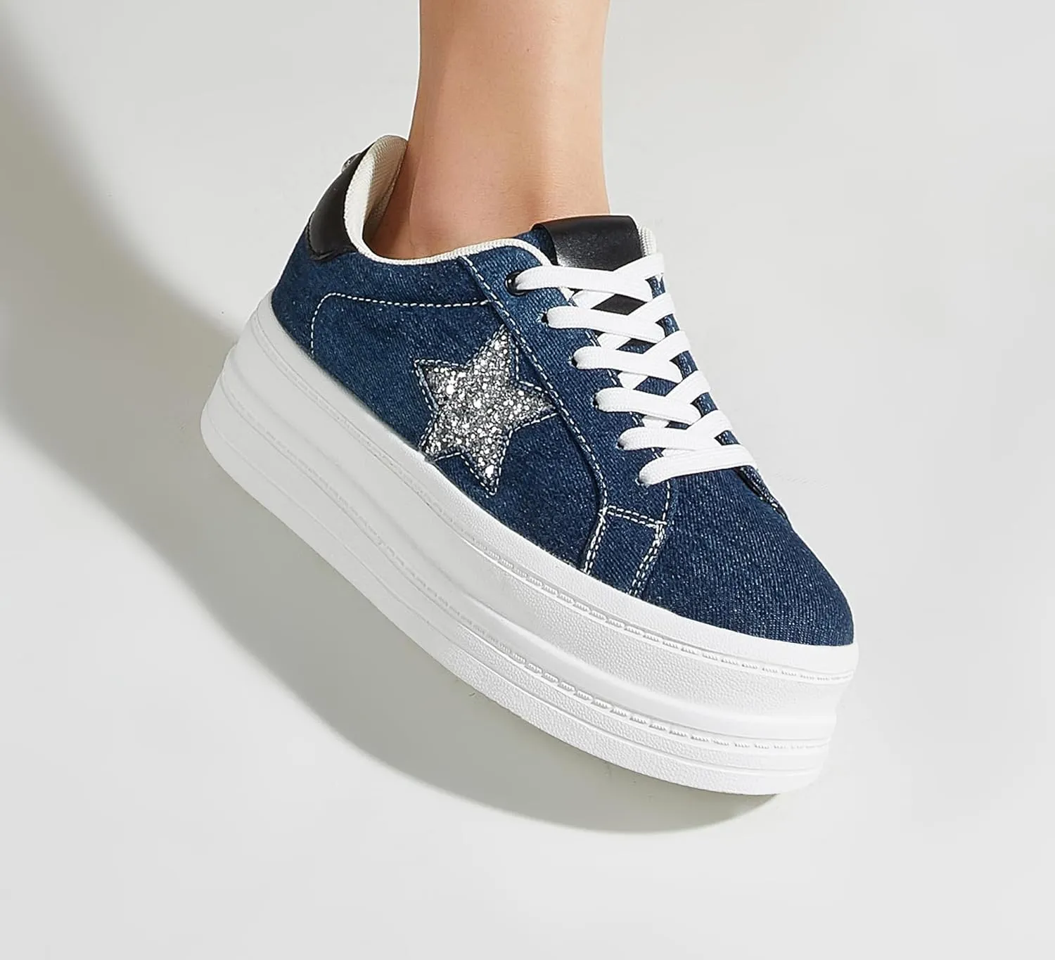 BELOS Fashion Platform Women Sneakers Faux Suede Stars Holographic Rainbow Walking Shoes