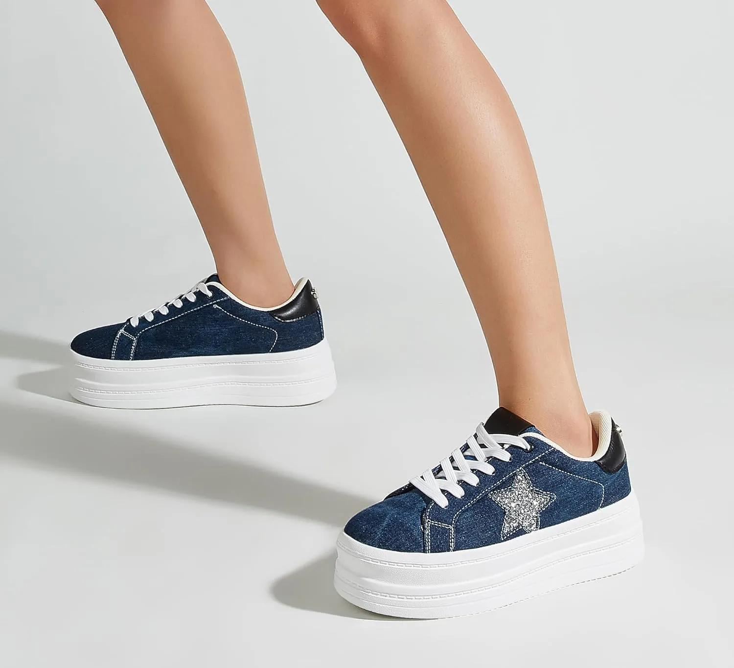 BELOS Fashion Platform Women Sneakers Faux Suede Stars Holographic Rainbow Walking Shoes