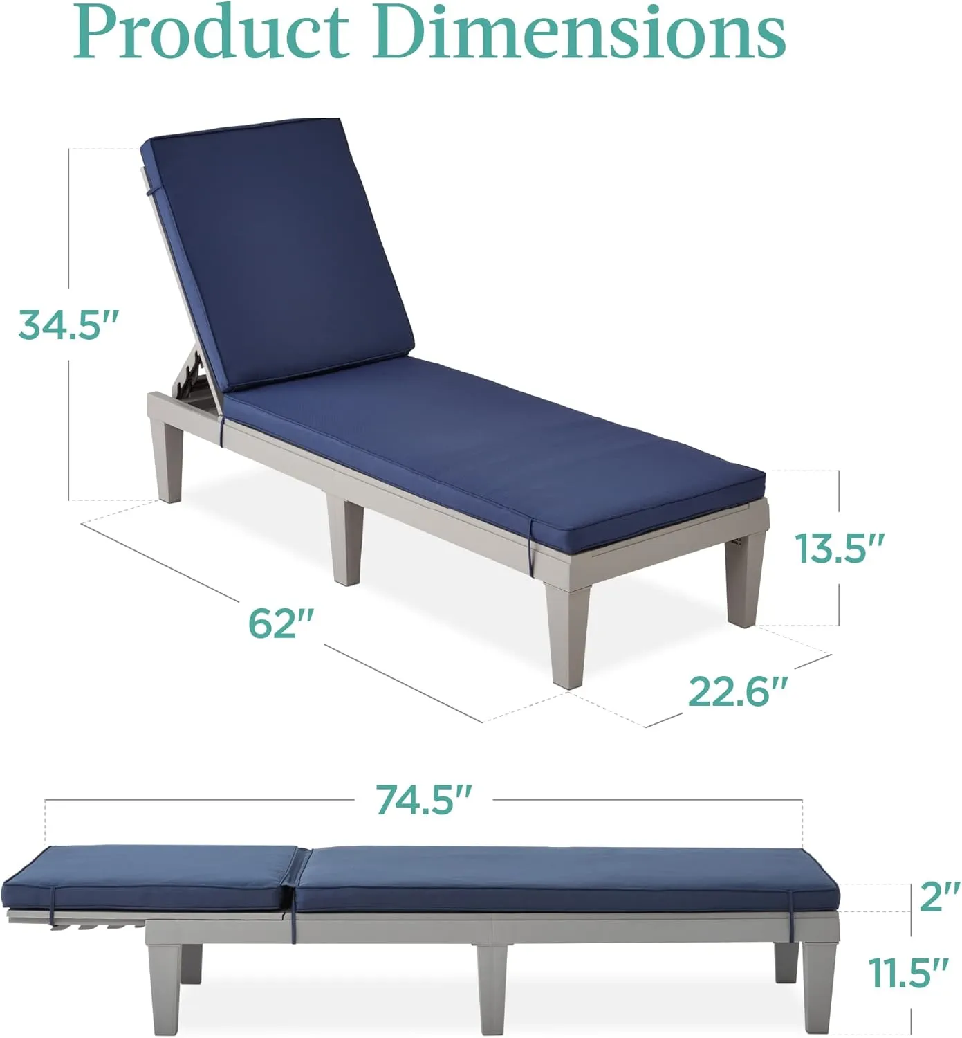 Best Choice Products Outdoor Lounge Chair, Resin Patio Chaise Lounger for Poolside, Backyard, Porch w/Seat Cushion, Adjustable Backrest, 5 Positions, 330lb Capacity - Gray/Navy