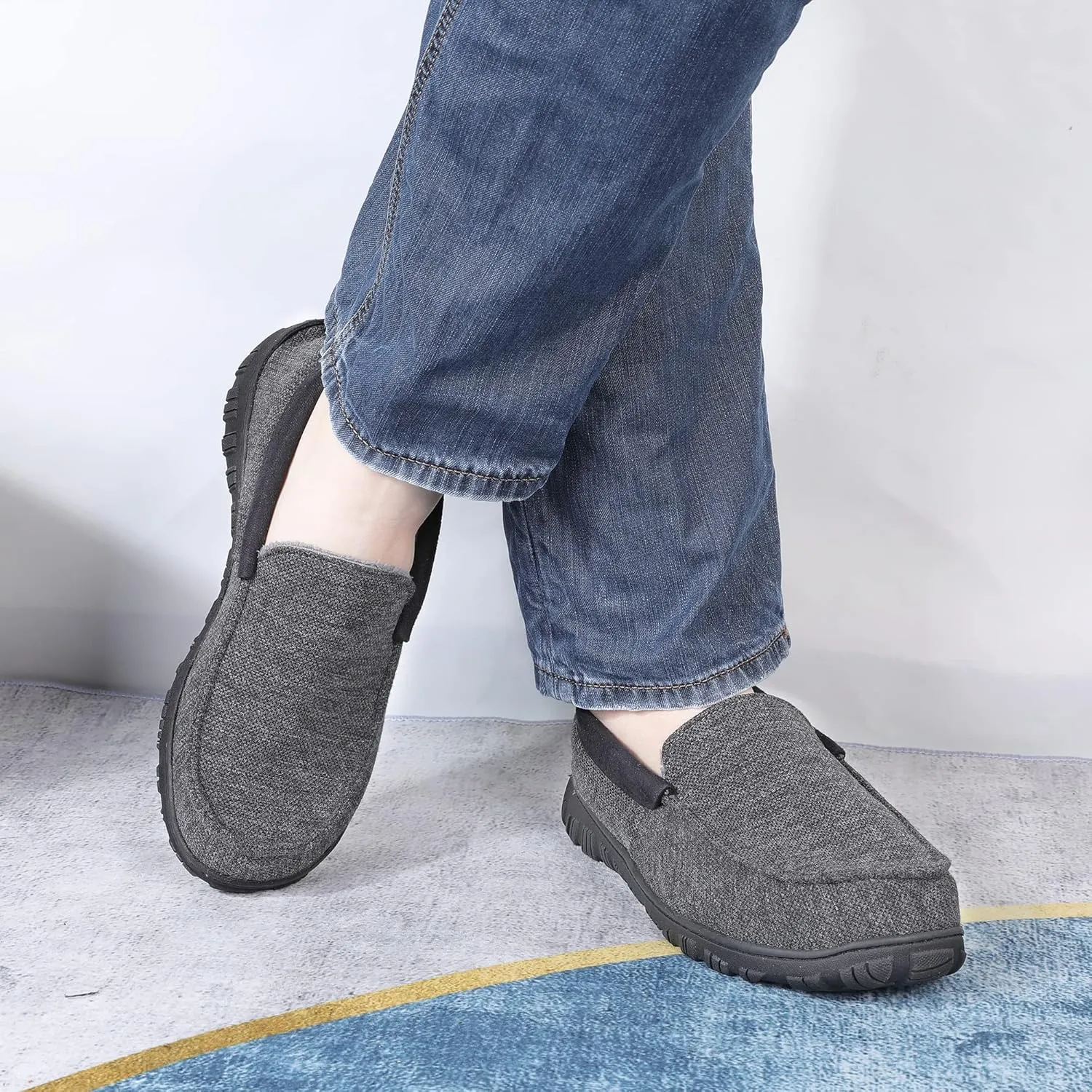 Bigwow Men's Moccasin Slippers Comfy House Slipper with Memory Foam Fleece Slip On Non-Slip Indoor Outdoor Shoes for Men