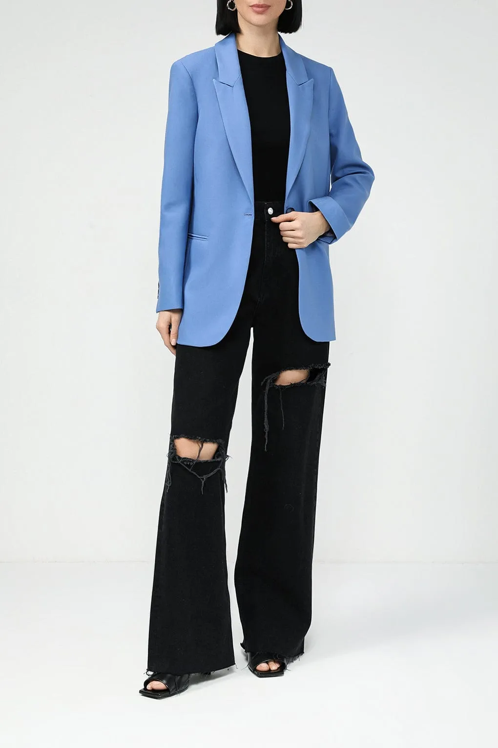 Blue Women's Peak Lapel Single Buttons Blazer