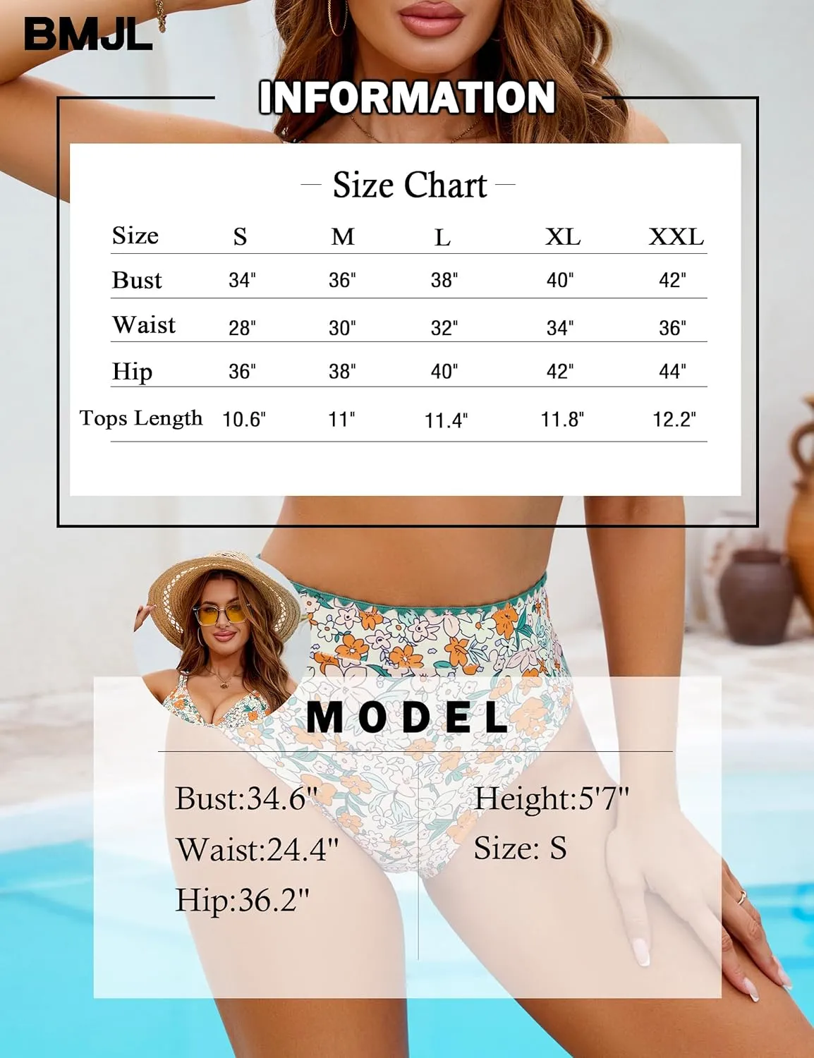 BMJL Women's Bikini Sets V Neck High Waisted Swimsuits Shell Stitched Cheeky Two Piece Bathing Suit