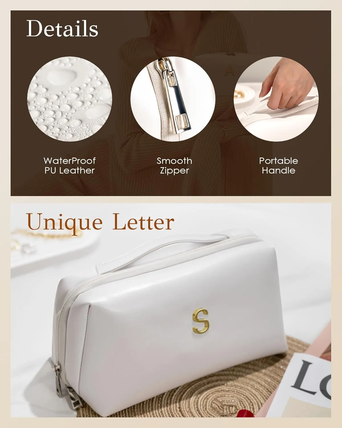 Bridesmaid Proposal Gifts, Cosmetic Bag with Initial, Popular Bridal Shower Gifts, Bachelorette Gifts from Bride, Makeup Bag with Letter, Wide Open Toiletry Bag, Travel Gifts for Women Teen Girl