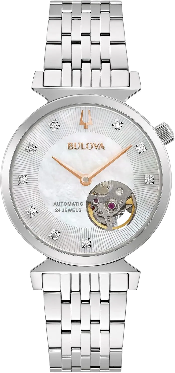 Bulova Women's Regatta Diamond Automatic Stainless Steel Open Aperture Watch, Mother of Pearl Dial Style: 96P222