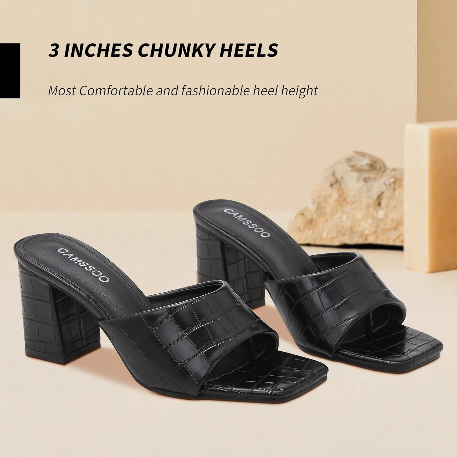 CAMSSOO Women's Square Open Toe Heeled Mules Flip Flops Chunky Heels Slip On Sandals Block High Heel Fashion Wedding Dress Shoes
