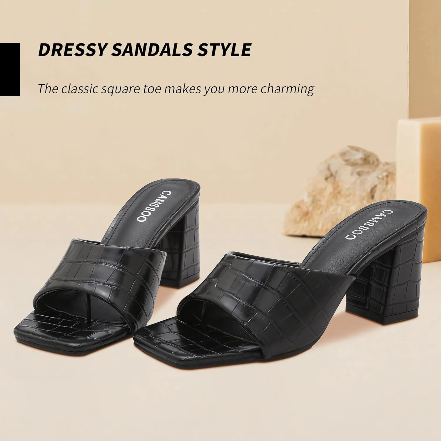 CAMSSOO Women's Square Open Toe Heeled Mules Flip Flops Chunky Heels Slip On Sandals Block High Heel Fashion Wedding Dress Shoes