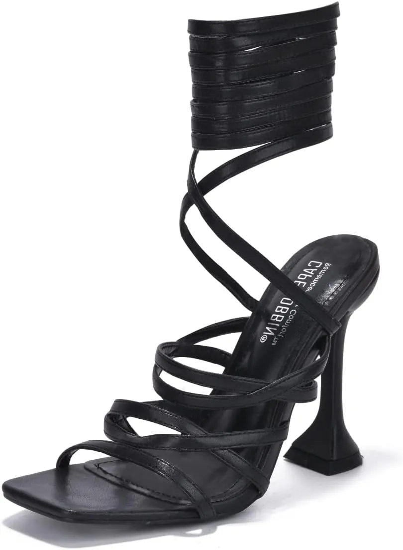 Cape Robbin Jenni Lace-Up Light Strappy Stiletto Flare Heel Open Toe Sandal Nude