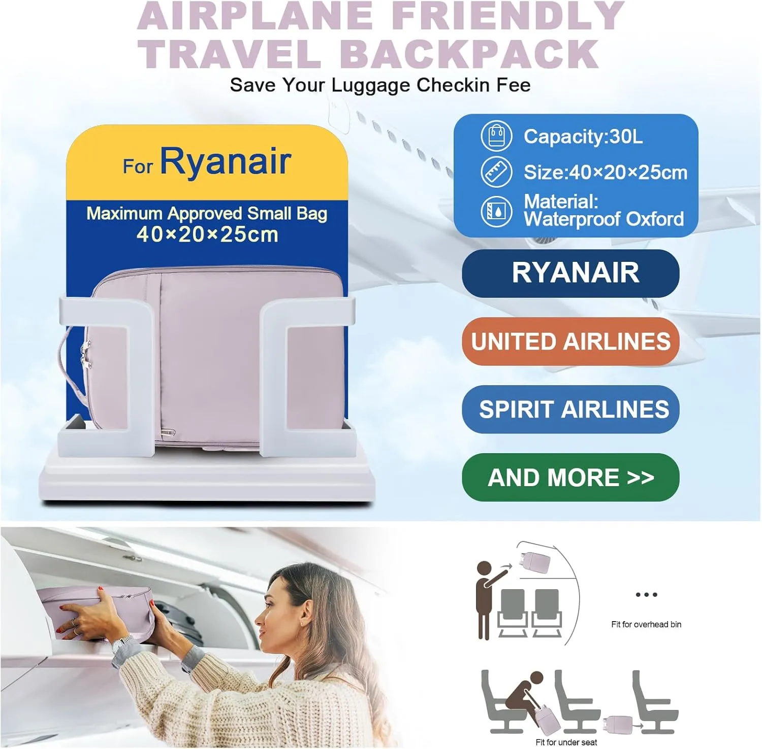 Carry On Backpack, United Airlines Personal Item Bag within17x10x9, Underseat Ryanair 40x20x25CM Luggage Bag Travel Essentials, mochila de viaje, Cabin Size Waterproof Laptop Backpack