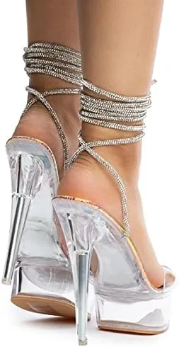 Chase & Chloe Women Clear Platform Stiletto Heels Lace Up Strappy Sandals