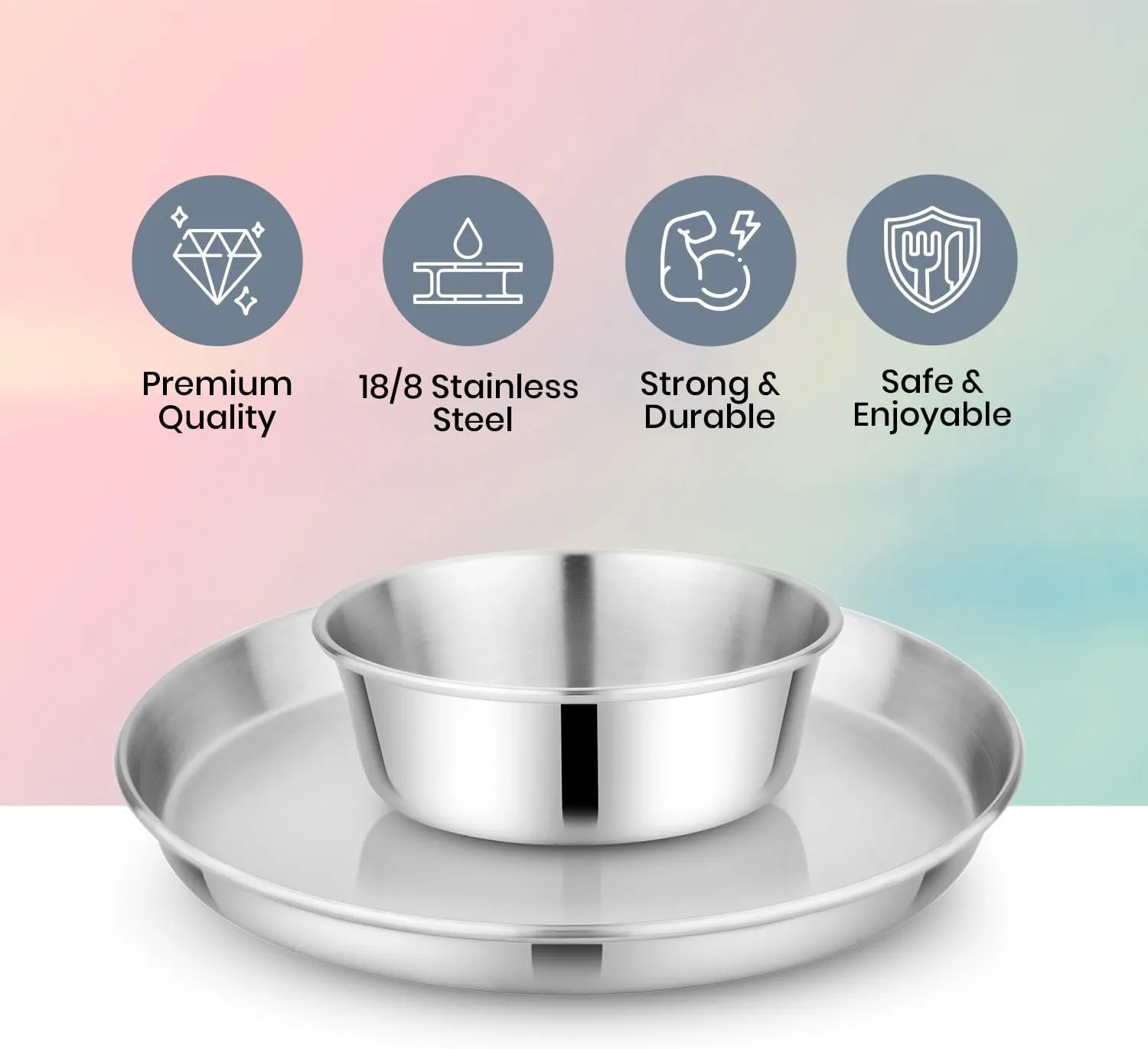 Children's 304 Stainless Steel Dinnerware Set | 1 Stainless Plate (21 cm) and 1 Bowl (10 oz) | Matte Finish | 100% BPA Free | Non-Toxic | Dishwasher Safe