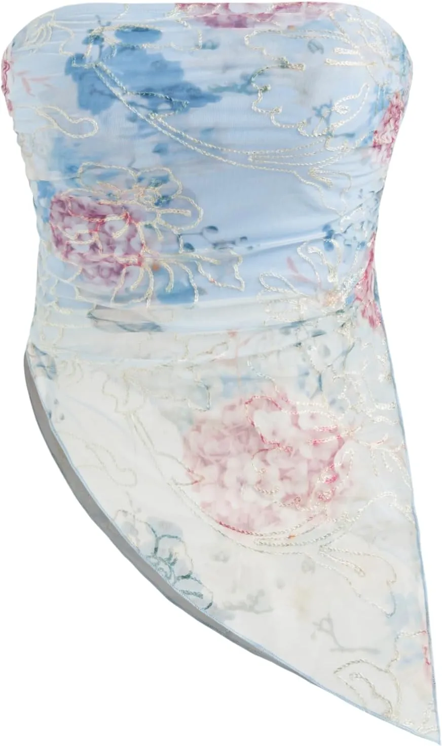 CIDER Tube Top Women Floral Mesh Sleeveless Lined High Stretch Asymmetrical Hem Party Club Going Out Tops