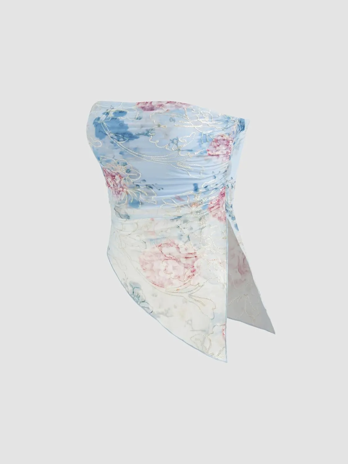 CIDER Tube Top Women Floral Mesh Sleeveless Lined High Stretch Asymmetrical Hem Party Club Going Out Tops