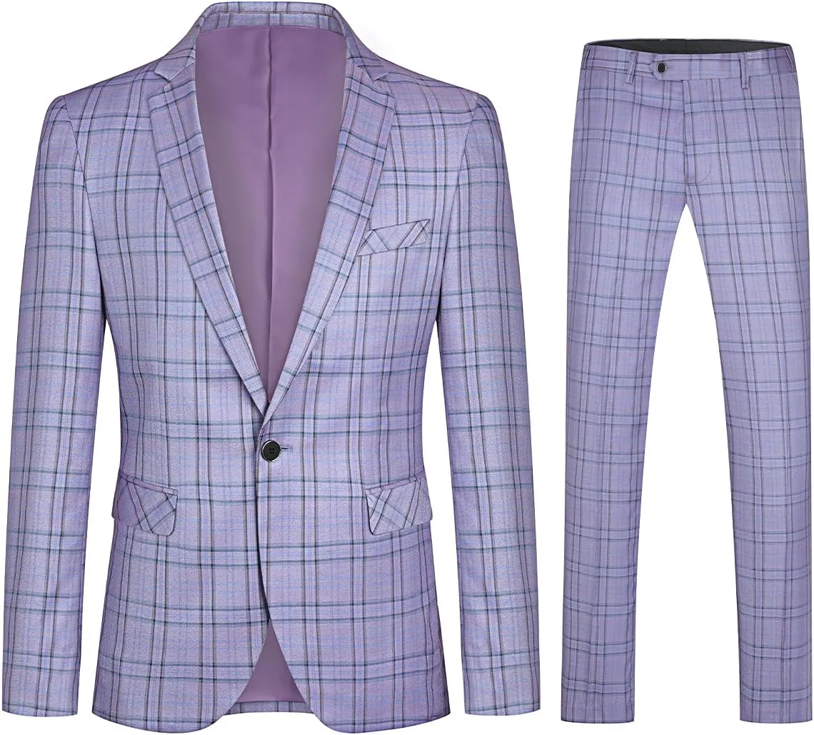 Cloudstyle Mens 2 PCS Plaid Suits Slim Formal Suit Checkered Blazer Jacket Pants