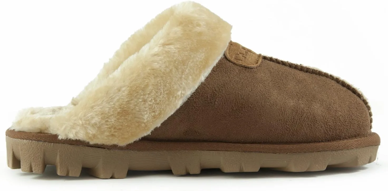CLPP'LI Womens Slip on Faux Fur Warm Winter Mules Fluffy Suede Comfy Slippers