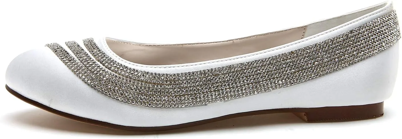 COMFASH Women's Wedding Shoes Flats Satin Round Toe Rhinestone Slip on Bridal Bridesmaid Ballet Pumps
