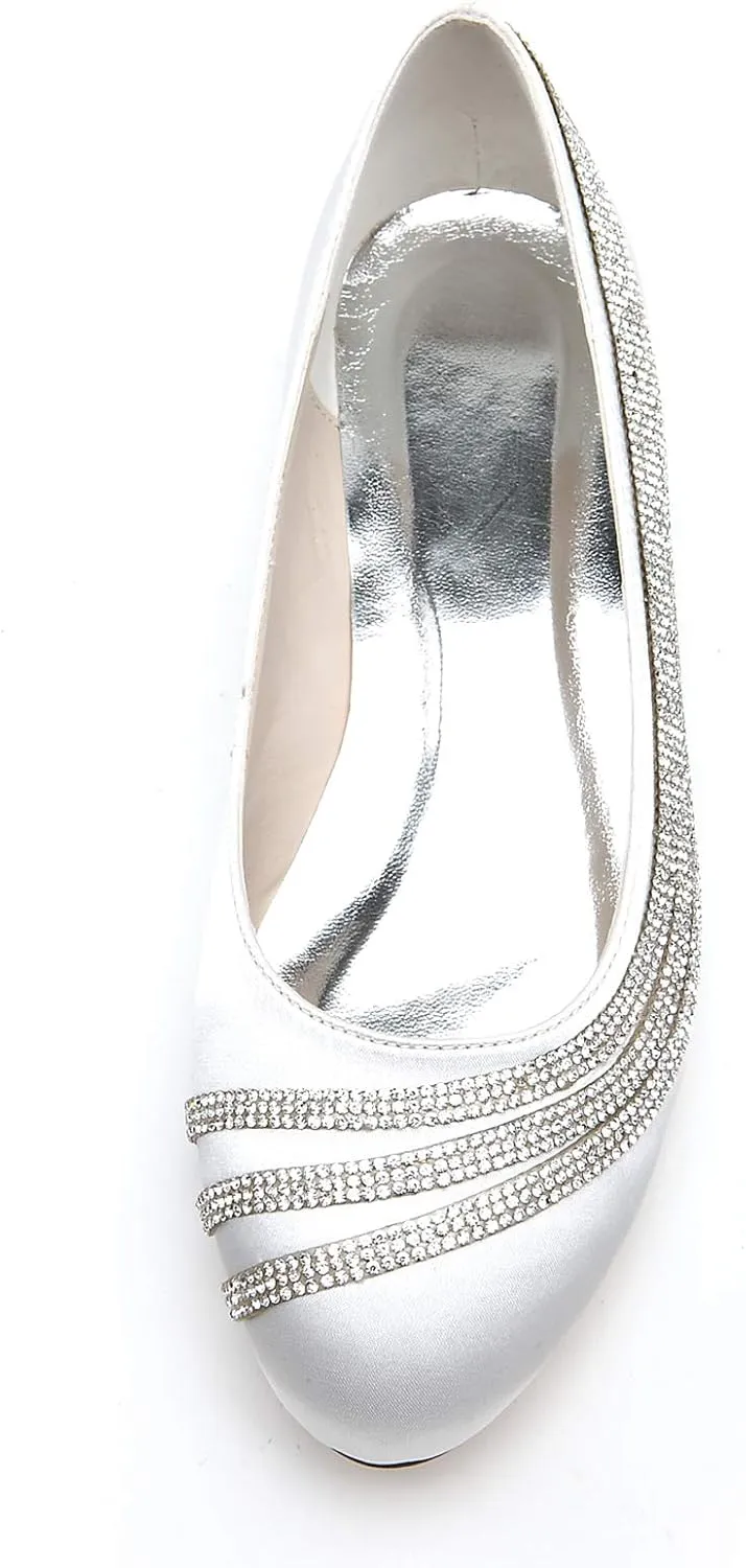 COMFASH Women's Wedding Shoes Flats Satin Round Toe Rhinestone Slip on Bridal Bridesmaid Ballet Pumps